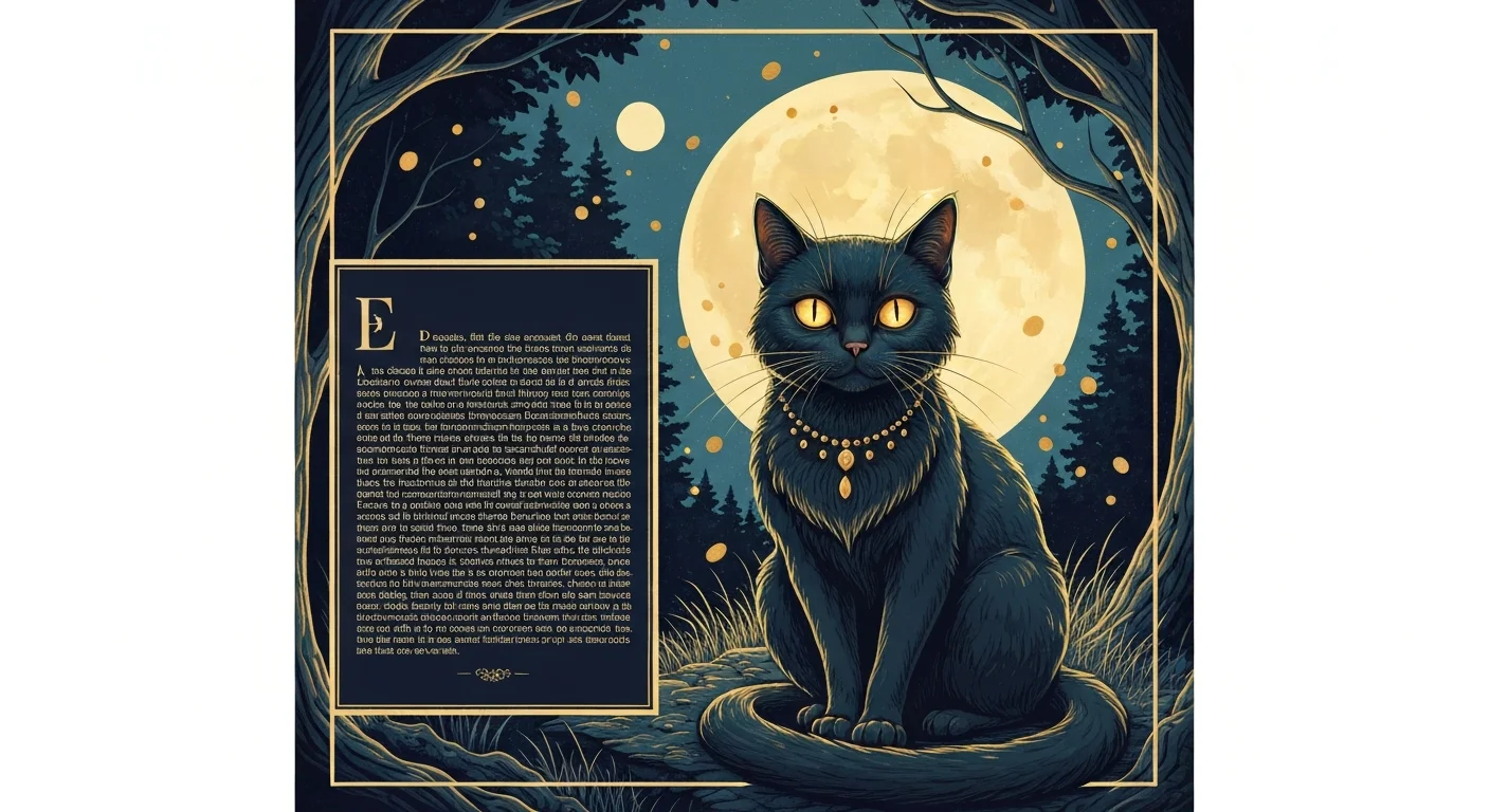 Chat noir mystique aux yeux dorés dans une ambiance bleu nuit étoilée